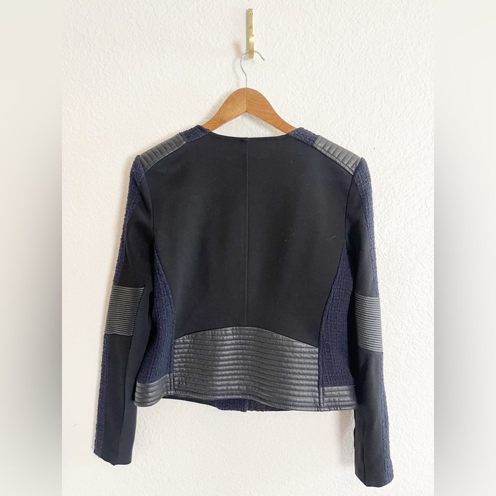 Rebecca Taylor black and blue tweed and faux leather moto biker jacket 6 - Picture 6 of 12